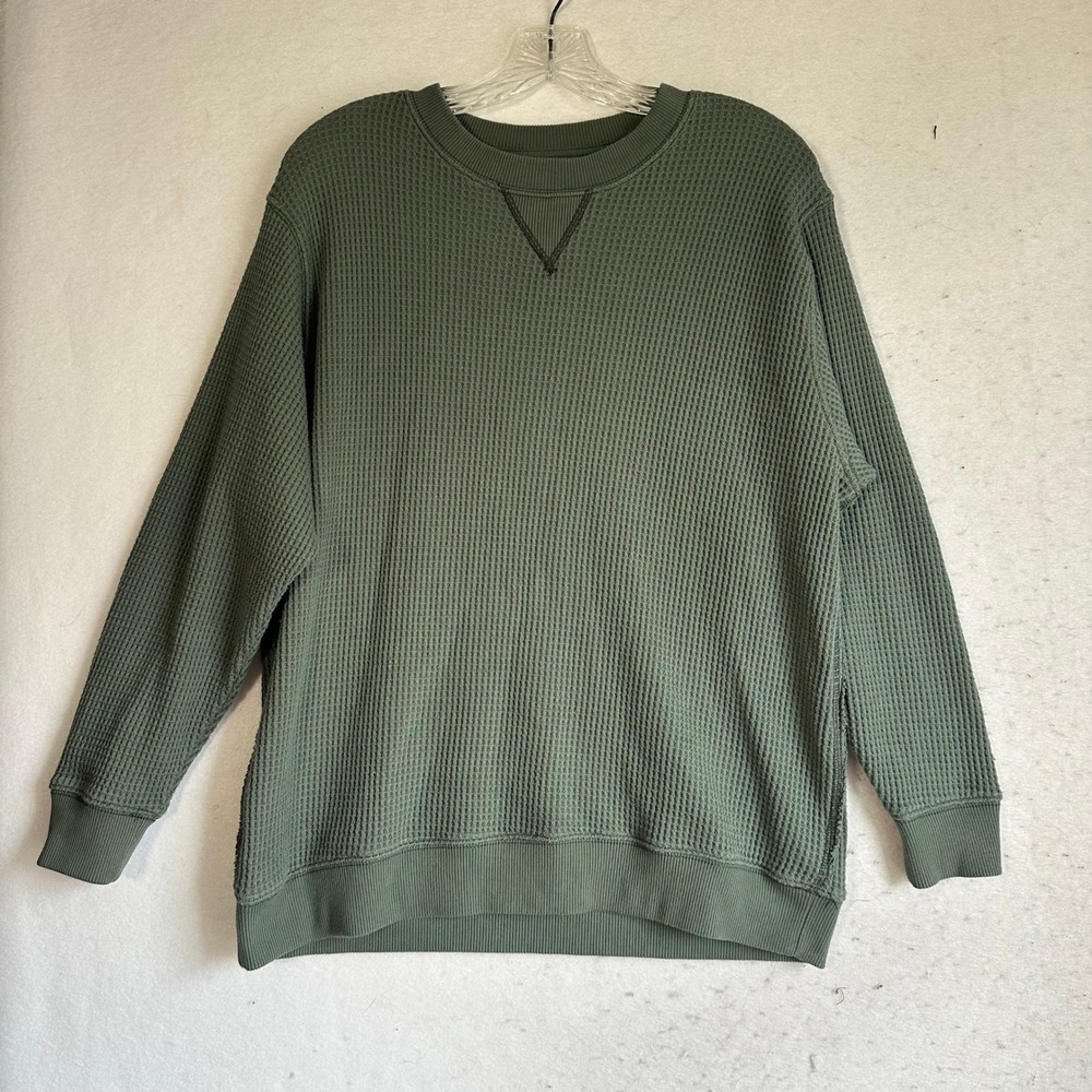 Aerie Olive Green Waffle‎ Knit oversized Sweatshirt Ribbed Thermal Top XS